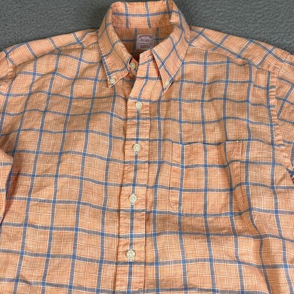 Brooks Brothers  Irish Linen Shirt Men L Blue Orange Plaid Button Long Sleeve - Picture 2 of 10